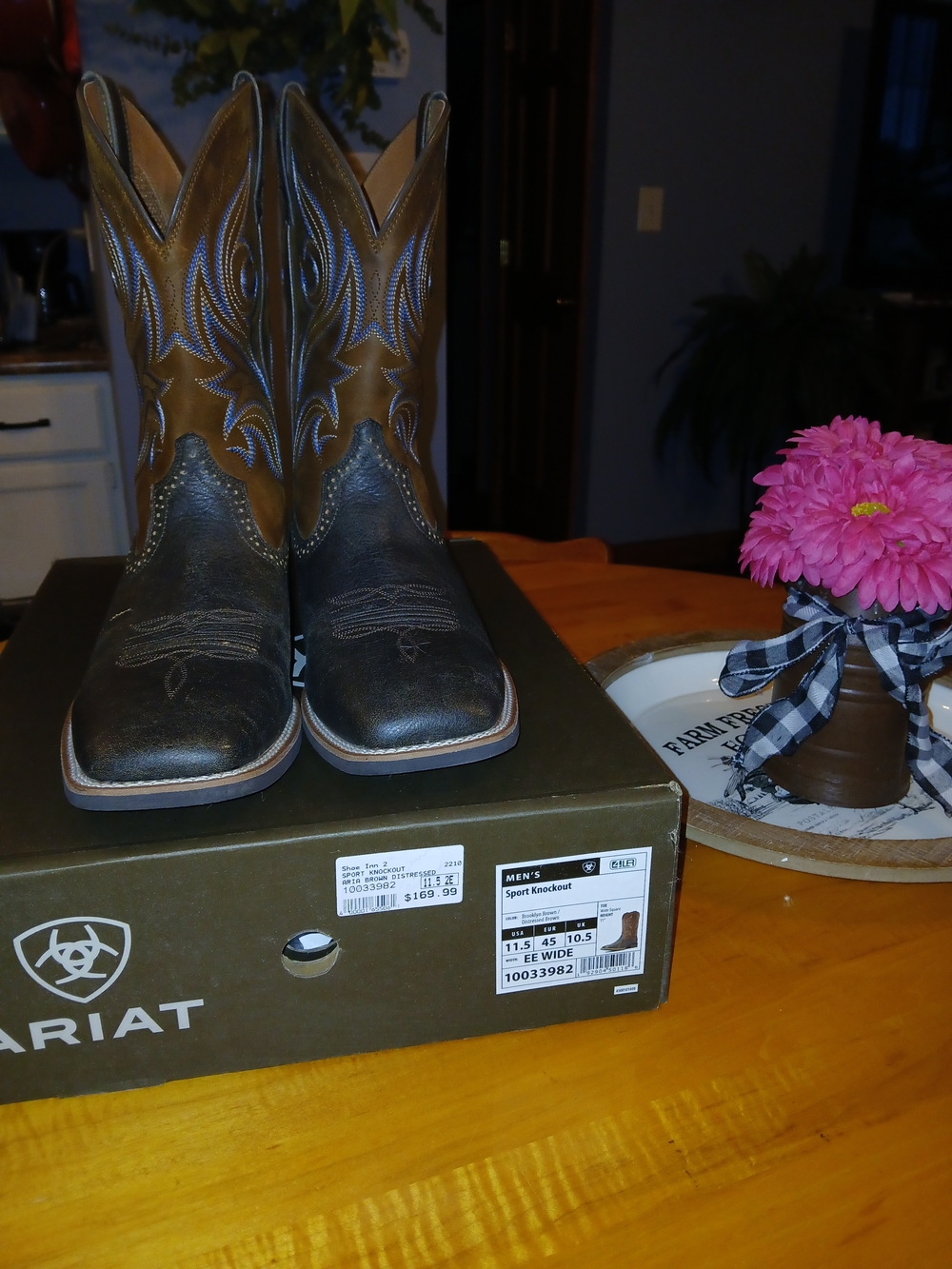 Mens Ariat Dark Brown and Tan Western Leather Boots - Picture 6 of 8